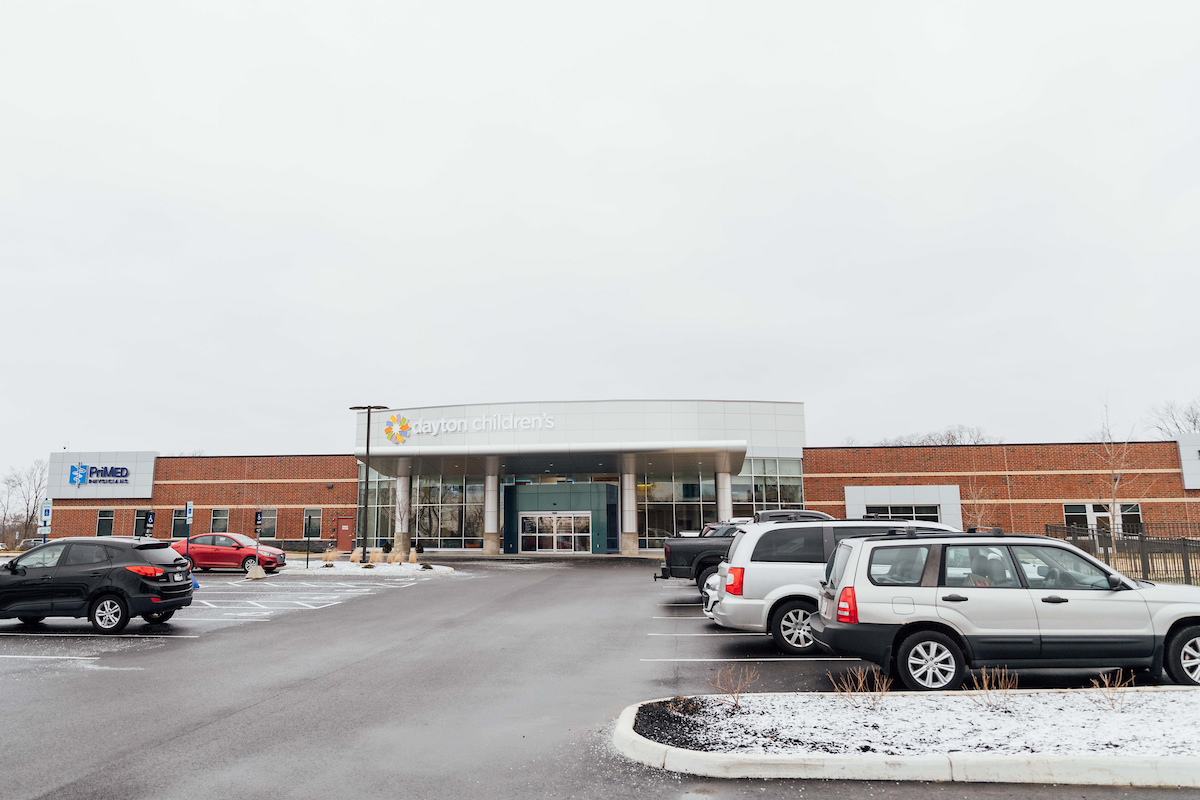 Outside entrance of Dayton Children's Outpatient Care Center in Beavercreek.