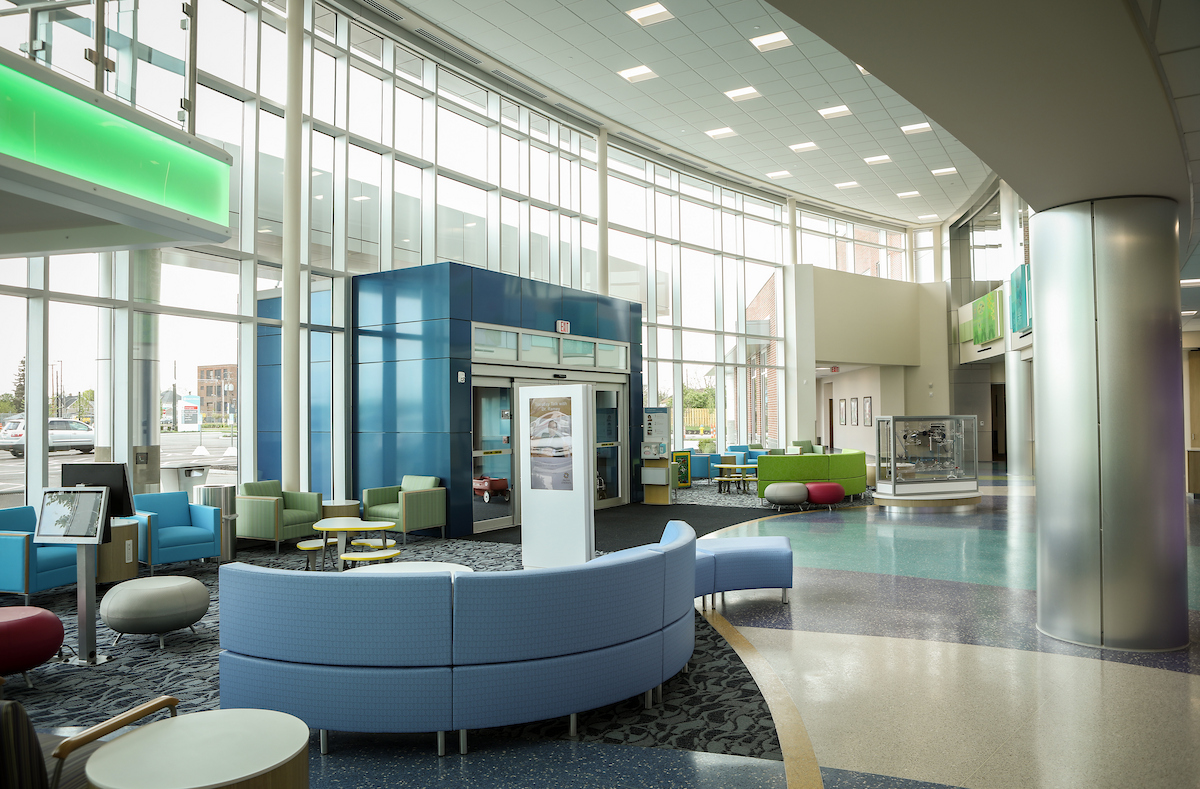 bright colorful lobby for families to wait before primary care appointment at Dayton Children's