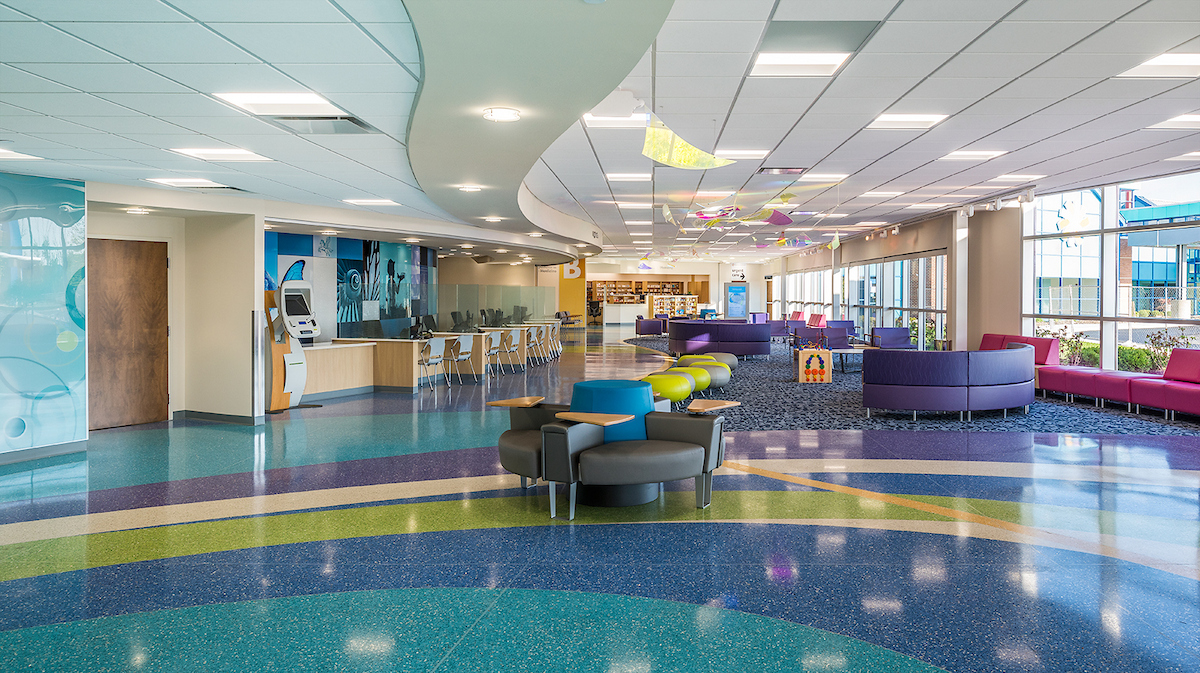 bright colorful lobby for families to wait before appointment at Dayton Children's